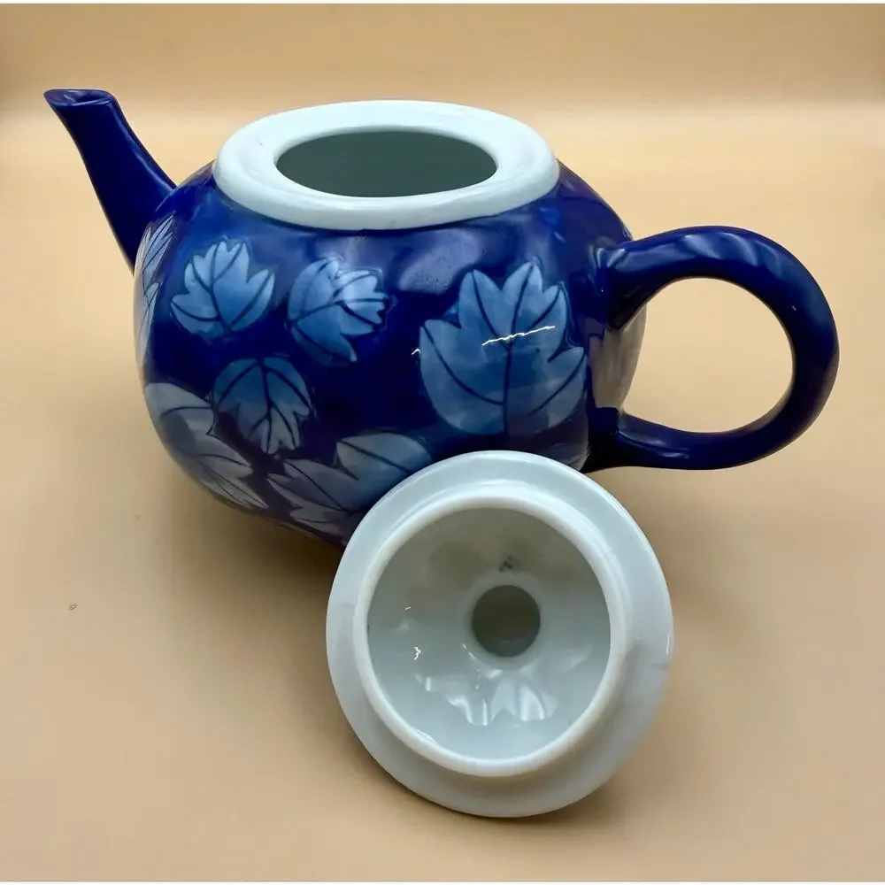 DesignPac Cobalt Blue Leaf 3-Pc Tea Set Teapot Sugar Bowl Creamer China